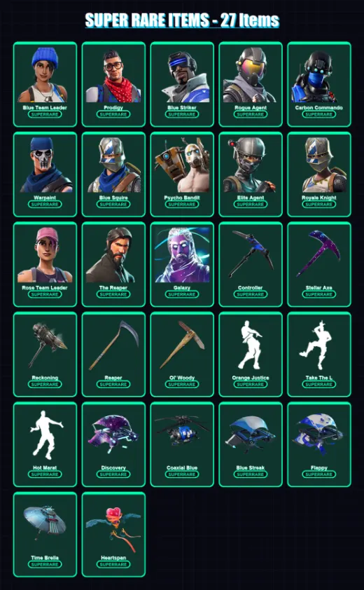 [PC/XBOX/PSN] | Blue Team Leader | Prodigy | Blue Striker | Rogue Agent | Carbon Commando | 138 skin | 171 pickaxe | 152 emote | 160 glider | Lv2105
