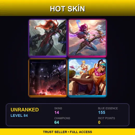 LAS | Gun Goddess Miss Fortune | Dragonmancer Fiora | Mecha Malphite | Pool Party Lee Sin | 14 Skin | 64 Champ | Lv84