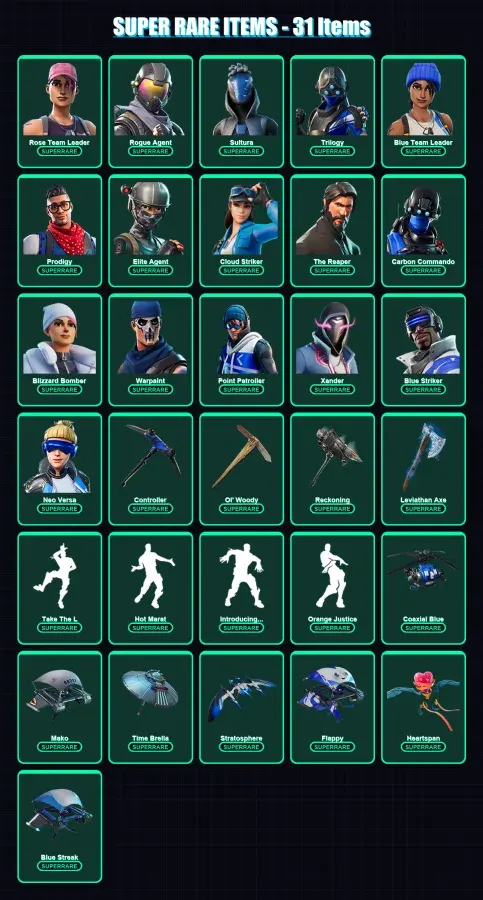 [PS4/PS5/XBOX/PC] | Rose Team Leader | Rogue Agent | Sultura | Trilogy | Blue Team Leader | 117 skin | 110 pickaxe | 107 emote | 117 glider | Lv1627
