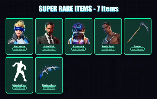 [PS4/PS5/XBOX/PC] | Neo Versa | John Wick | Astro Jack | Travis Scott | Fade | 110 skin | 113 pickaxe | 80 emote | 89 glider | Lv1335
