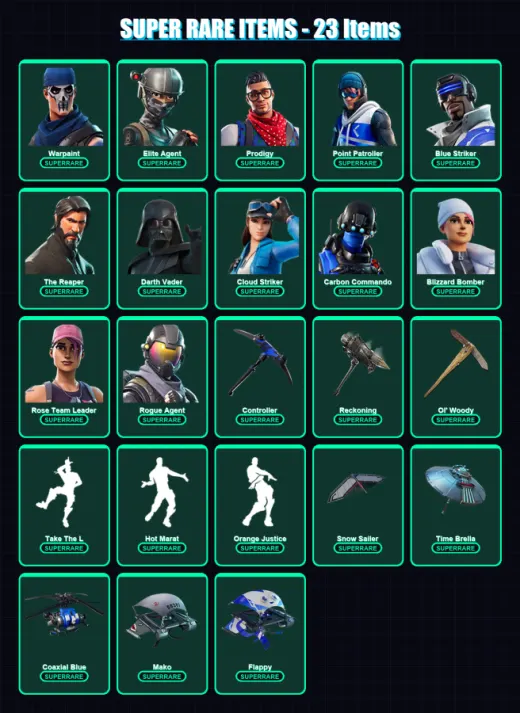 [PS4/PS5/PC] | Warpaint | Elite Agent | Prodigy | Point Patroller | Blue Striker | 268 skin | 294 pickaxe | 224 emote | 243 glider | Lv3248