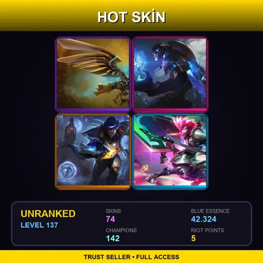 VN | Hextech Anivia | Hextech Malzahar | Pulsefire Twisted Fate | Blood Moon Tryndamere | 74 Skin | 142 Champ | Lv137 — Huntress Sivir