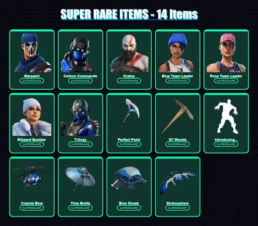 [PS4/PS5/XBOX/PC] | Warpaint | Carbon Commando | Kratos | Blue Team Leader | Rose Team Leader | 102 skin | 95 pickaxe | 84 emote | 84 glider | Lv112