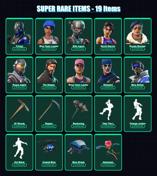 [PS4/PS5/XBOX/PC] | Trilogy | Blue Team Leader | Elite Agent | World Warrior | Royale Bomber | 80 skin | 50 pickaxe | 88 emote | 57 glider | Lv723