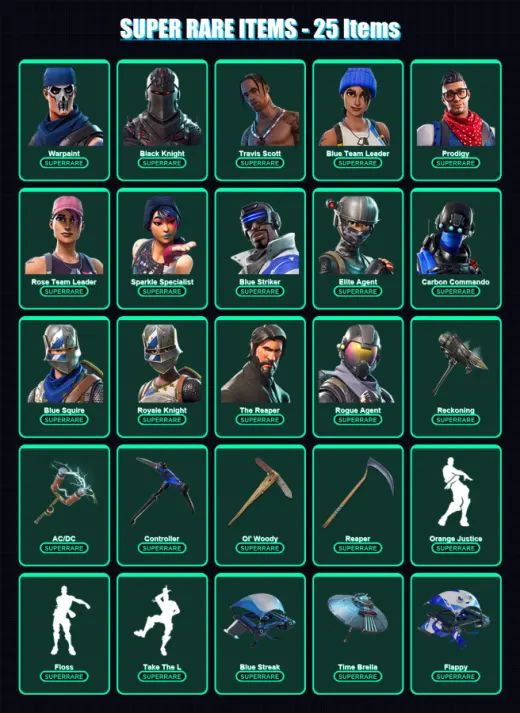 [PS4/PS5/XBOX/PC] | Warpaint | Black Knight | Travis Scott | Blue Team Leader | Prodigy | 83 skin | 88 pickaxe | 75 emote | 84 glider | Lv1101