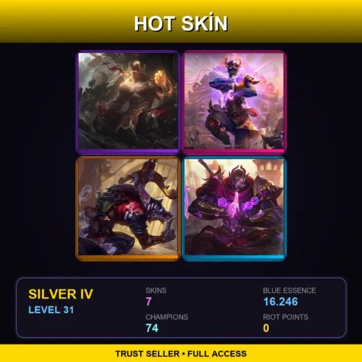 EUW | God Fist Lee Sin | Three Honors Malzahar | Medieval Twitch | Three Honors Shen | 7 Skin | 74 Champ | Silver IV | Lv31