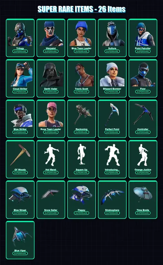 [PS4/PS5/XBOX/PC] | Trilogy | Warpaint | Blue Team Leader | Sultura | Point Patroller | 249 skin | 284 pickaxe | 213 emote | 253 glider | Lv3627