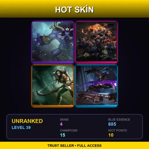 EUNE | Unchained Alistar | Pentakill Olaf | Woad Ashe | Assassin Master Yi | 4 Skin | 15 Champ | Lv39