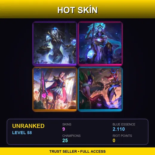 LAN | Cosmic Queen Ashe | Cosmic Huntress Nidalee | Battle Academia Caitlyn | Lunar Wraith Caitlyn | 9 Skin | 25 Champ | Lv58 — Arcane Inventor Jayce