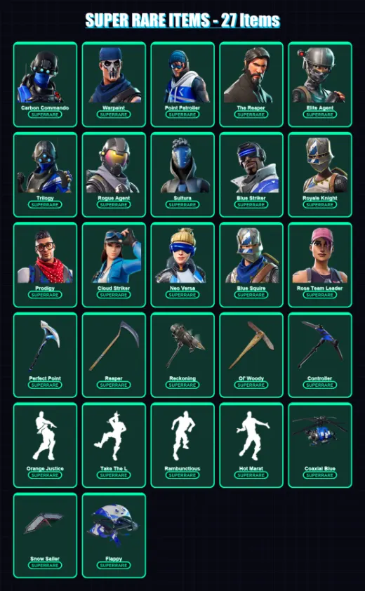 [PS4/PS5/XBOX/PC] | Carbon Commando | Warpaint | Point Patroller | The Reaper | Elite Agent | 126 skin | 123 pickaxe | 115 emote | 99 glider | Lv117