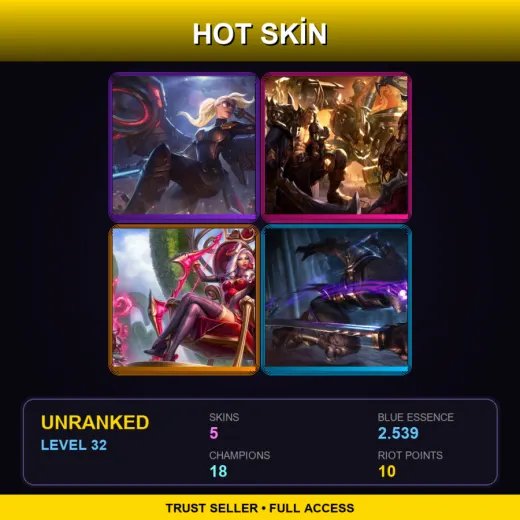 TR | Riot Kayle | Ironside Malphite | Heartseeker Ashe | Assassin Master Yi | 5 Skin | 18 Champ | Lv32