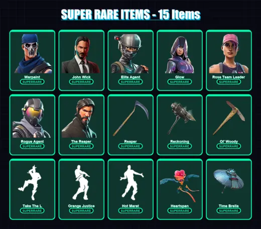 [PC/XBOX/PSN] | Warpaint | John Wick | Elite Agent | Glow | Rose Team Leader | 110 skin | 95 pickaxe | 145 emote | 104 glider | Lv1571