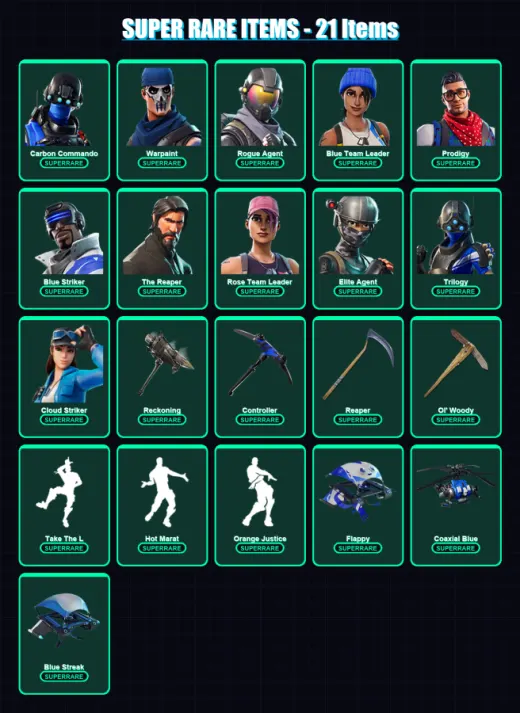 [PS4/PS5/XBOX/PC] | Carbon Commando | Warpaint | Rogue Agent | Blue Team Leader | Prodigy | 131 skin | 118 pickaxe | 106 emote | 102 glider | Lv1413