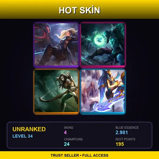 EUW | Riot Kayle | Zombie Ryze | Woad Ashe | Justicar Aatrox | 4 Skin | 24 Champ | Lv34 — Woad Ashe