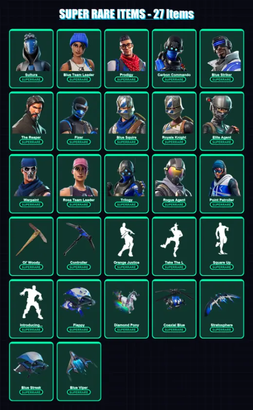 [PC] | Sultura | Blue Team Leader | Prodigy | Carbon Commando | Blue Striker | 85 skin | 70 pickaxe | 66 emote | 58 glider | Lv613