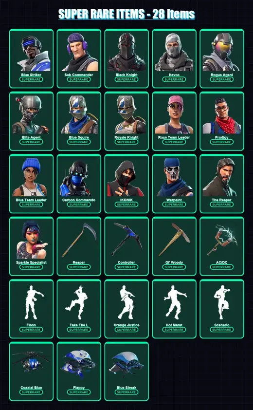 [PC/XBOX/PSN] | Blue Striker | Sub Commander | Black Knight | Havoc | Rogue Agent | 77 skin | 78 pickaxe | 66 emote | 59 glider | Lv764