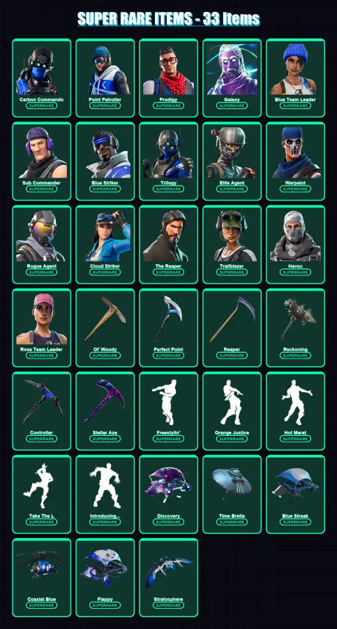[PC/XBOX] | Carbon Commando | Point Patroller | Prodigy | Galaxy | Blue Team Leader | 218 skin | 156 pickaxe | 144 emote | 137 glider | Lv1757