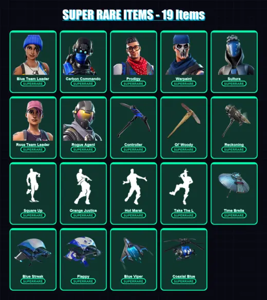 [PS4/PS5/XBOX/PC] | Blue Team Leader | Carbon Commando | Prodigy | Warpaint | Sultura | 116 skin | 122 pickaxe | 95 emote | 122 glider | Lv1593
