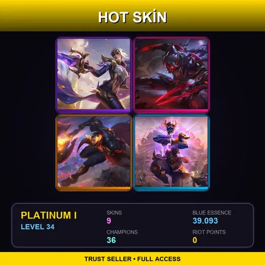 EUW | Victorious Fiora | Blood Moon Zed | Lunar Beast Darius | Three Honors Malzahar | 9 Skin | 36 Champ | Platinum I | Lv34