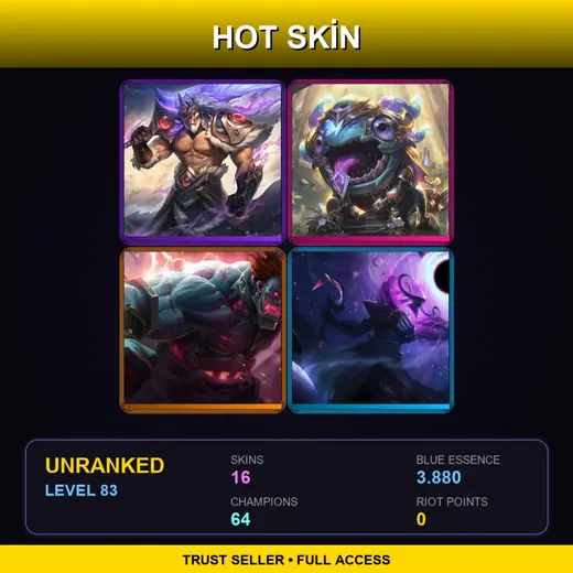 EUW | Victorious Tryndamere | Victorious Kog'Maw | Hextech Sion | Dark Star Thresh | 16 Skin | 64 Champ | Lv83