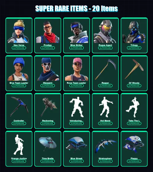 [PC] | Neo Versa | Prodigy | Blue Striker | Rogue Agent | Trilogy | 60 skin | 65 pickaxe | 76 emote | 71 glider | Lv870