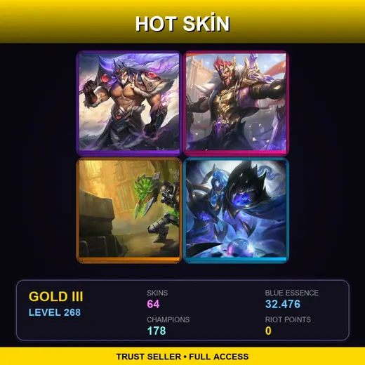 LAN | Victorious Tryndamere | Victorious Draven | Hextech Singed | Star Guardian Orianna | 64 Skin | 178 Champ | Gold III | Lv268