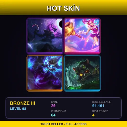 LAN | Dark Star Thresh | Star Guardian Lux | Spirit Fire Brand | Omega Squad Teemo | 29 Skin | 64 Champ | Bronze III | Lv98