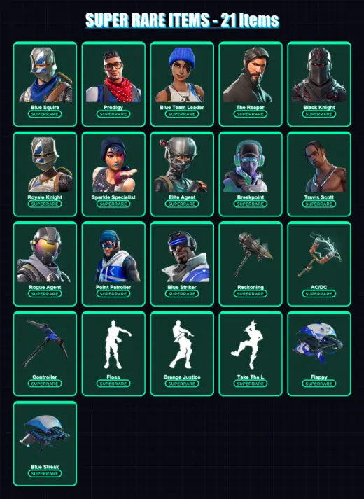 [PS4/PS5/XBOX/PC] | Blue Squire | Prodigy | Blue Team Leader | The Reaper | Black Knight | 69 skin | 47 pickaxe | 69 emote | 56 glider | Lv790