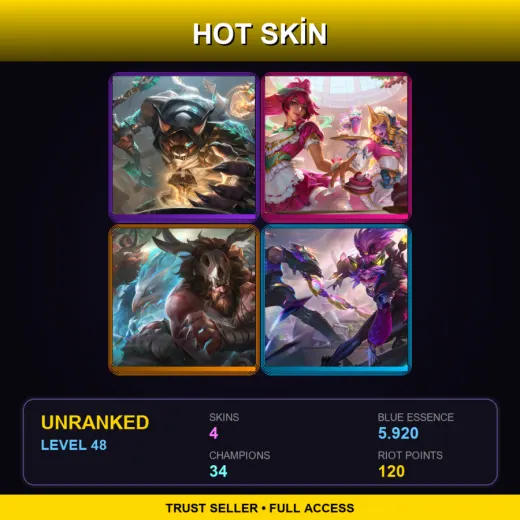 LAS | Guardian of the Sands Ryze | Cafe Cuties Soraka | Primal Udyr | Battle Bat Vayne | 4 Skin | 34 Champ | Lv48