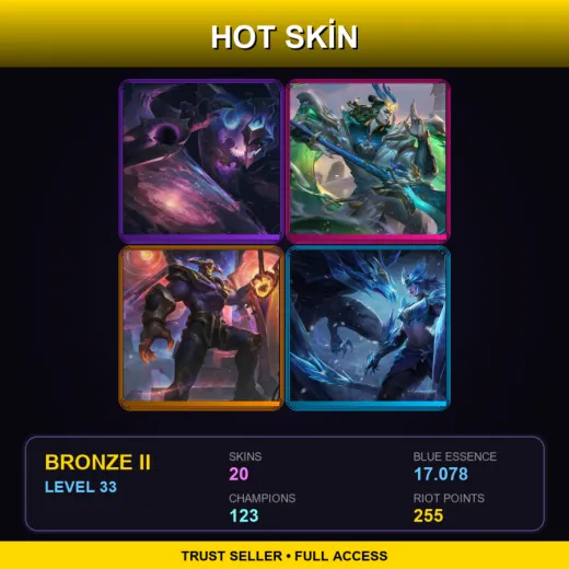 VN | Dark Star Shaco | Immortal Journey Zaahen | Odyssey Aatrox | Ice Drake Shyvana | 20 Skin | 123 Champ | Bronze II | Lv33