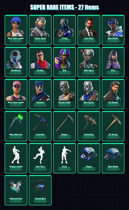 [PC/XBOX/PSN] | Blue Team Leader | Rogue Agent | Trilogy | John Wick | Blue Striker | 183 skin | 103 pickaxe | 140 emote | 87 glider | Lv982