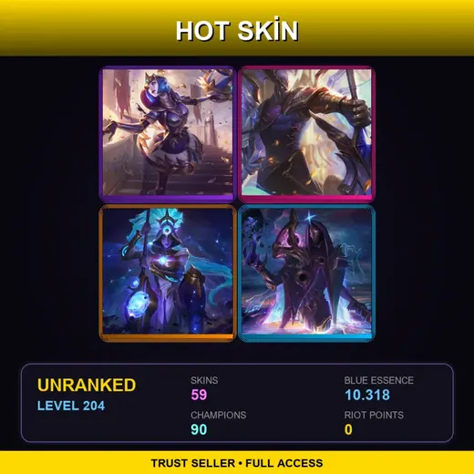 SG | Victorious Orianna | Victorious Aatrox | Cosmic Huntress Nidalee | PROJECT: Yi | 59 Skin | 90 Champ | Lv204