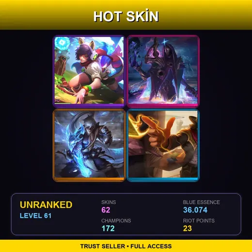 SG | Arcade Ahri | Dark Cosmic Jhin | Storm Dragon Lee Sin | High Noon Twisted Fate | 62 Skin | 172 Champ | Lv61
