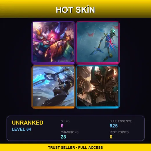EUW | Elderwood Rakan | Union Jack Fiddlesticks | Dawnbringer Riven | Risen Fiddlesticks | 6 Skin | 28 Champ | Lv64 — Battleborn Kayle