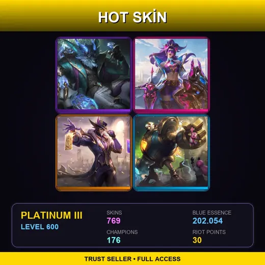 ME | Prestige Winterblessed Warwick | Prestige Battle Lion Leona | Victorious Twisted Fate | 769 Skin | 176 Champ | Platinum III | Lv600