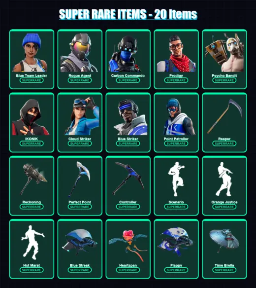 [PC/XBOX/PSN] | Blue Team Leader | Rogue Agent | Carbon Commando | Prodigy | Psycho Bandit | 59 skin | 121 pickaxe | 100 emote | 111 glider | Lv1730
