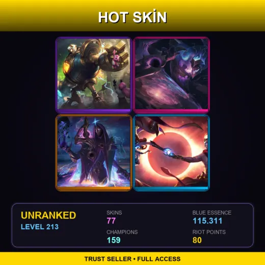 LAS | Victorious Blitzcrank | Dark Star Shaco | Dark Cosmic Jhin | Cosmic Dawn Rakan | 77 Skin | 159 Champ | Lv213