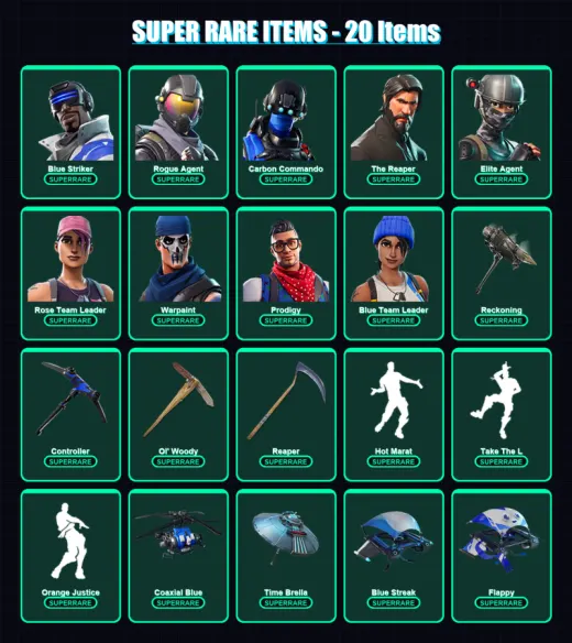 [PC/XBOX] | Blue Striker | Rogue Agent | Carbon Commando | The Reaper | Elite Agent | 117 skin | 94 pickaxe | 85 emote | 86 glider | Lv1130