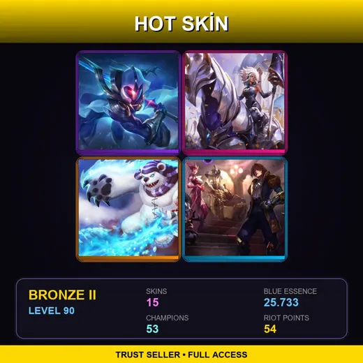 EUNE | Cosmic Blade Master Yi | Battle Queen Rell | Frostfire Annie | Jack of Hearts Twisted Fate | 15 Skin | 53 Champ | Bronze II | Lv90 — Beemo