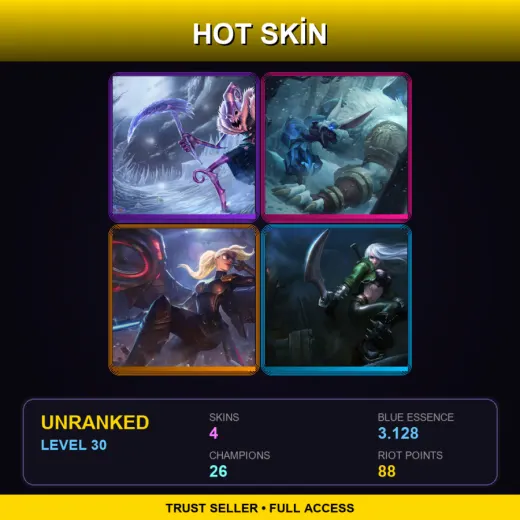 TR | Dark Candy Fiddlesticks | Tundra Hunter Warwick | Riot Kayle | Mercenary Katarina | 4 Skin | 26 Champ | Lv30