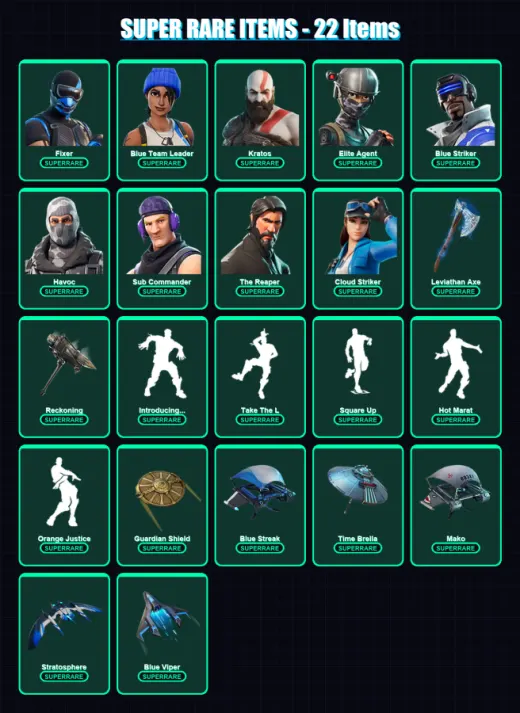 [PS4/PS5/XBOX/PC] | Fixer | Blue Team Leader | Kratos | Elite Agent | Blue Striker | 90 skin | 81 pickaxe | 130 emote | 89 glider | Lv1154