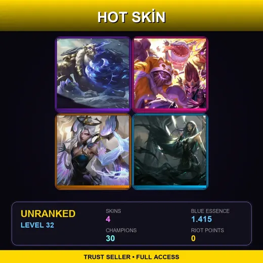 TR | Duality Dragon Volibear | Urf Kench | Dawnbringer Morgana | Sentinel Irelia | 4 Skin | 30 Champ | Lv32