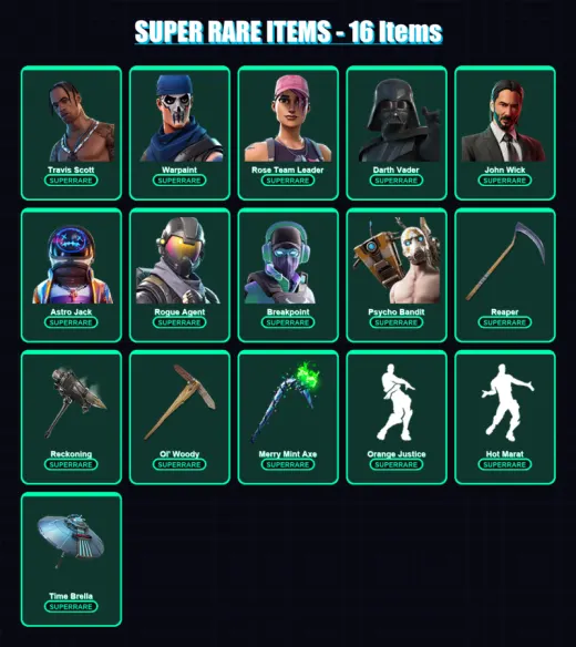 [PC] | Travis Scott | Warpaint | Rose Team Leader | Darth Vader | John Wick | 273 skin | 277 pickaxe | 328 emote | 222 glider | Lv2949