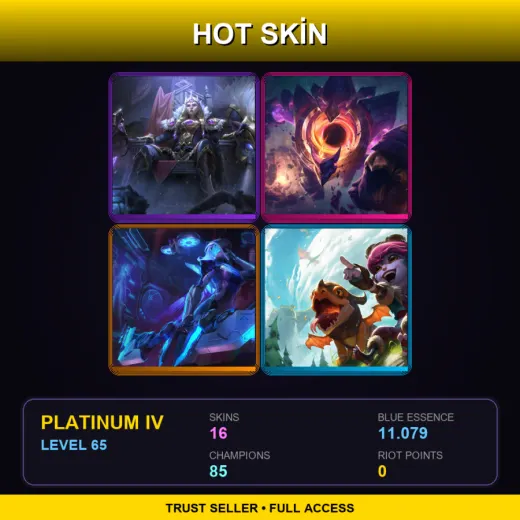 LAN | Victorious Sejuani | Dark Star Malphite | PROJECT: Ashe | Dragon Trainer Tristana | 16 Skin | 85 Champ | Platinum IV | Lv65