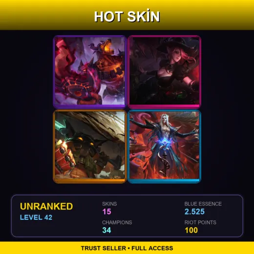 EUNE | Infernal Nasus | Bewitching Morgana | Omega Squad Veigar | Pentakill III: Lost Chapter Mordekaiser | 15 Skin | 34 Champ | Lv42