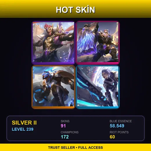 LAN | Victorious Draven | Victorious Braum | Pulsefire Pantheon | Pulsefire Riven | 91 Skin | 172 Champ | Silver II | Lv239 — K Da All Out Evelynn