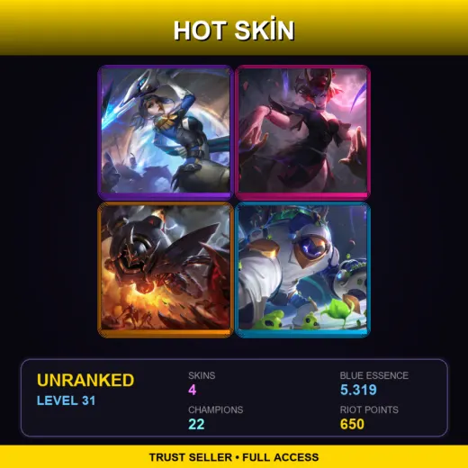 BR | Pulsefire Fiora | Blood Moon Evelynn | Lancer Rogue Blitzcrank | Astronaut Maokai | 4 Skin | 22 Champ | Lv31