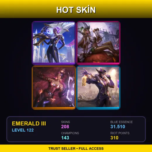 NA | Prestige Lunar Eclipse Senna | Prestige Bewitching Miss Fortune | Prestige Mythmaker Sivir | 208 Skin | 143 Champ | Emerald III | Lv122