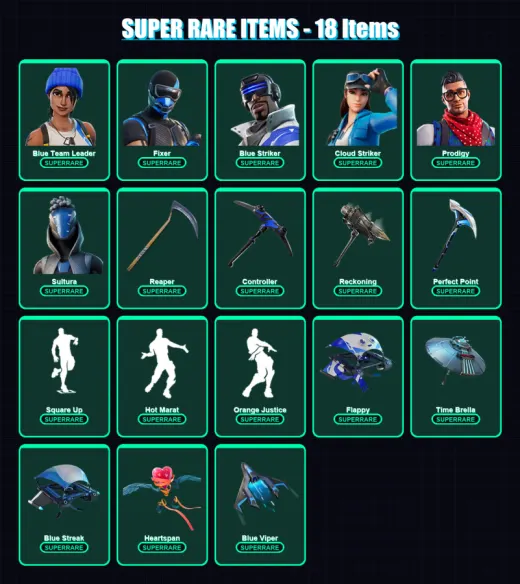 [PC] | Blue Team Leader | Fixer | Blue Striker | Cloud Striker | Prodigy | 115 skin | 112 pickaxe | 97 emote | 79 glider | Lv1051