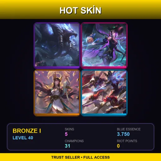 EUNE | Thunder Lord Volibear | Bewitching LeBlanc | Divine Sword Irelia | SKT T1 Jhin | 5 Skin | 31 Champ | Bronze I | Lv40
